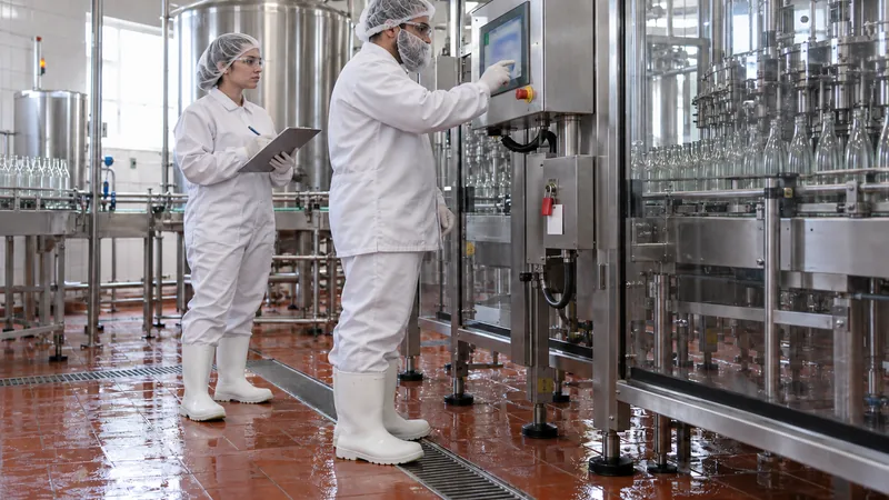 Equipe paramentada em uma linha de alimentos