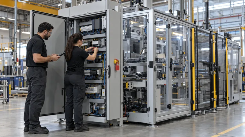 Equipe Axzon no painel elétrico de uma máquina automática
